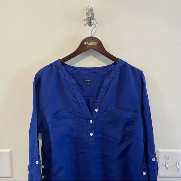 Talbots side button linen band collar popover large 100% linen tunic blouse top - Picture 3 of 14